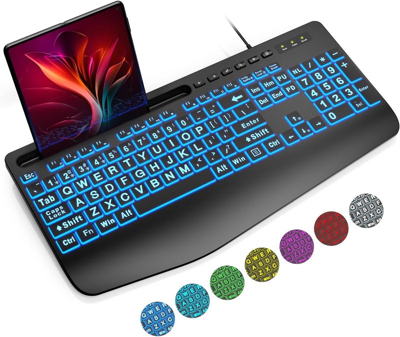 SABLUTE Large Print Backlit Keyboard, Wired USB Computer Keyboards with 7-Colors Backlight, Wrist Rest, Phone Holder, Oversized Letter Keys Easy to See and Type for Laptop, PC, Windows, Black - Image 1